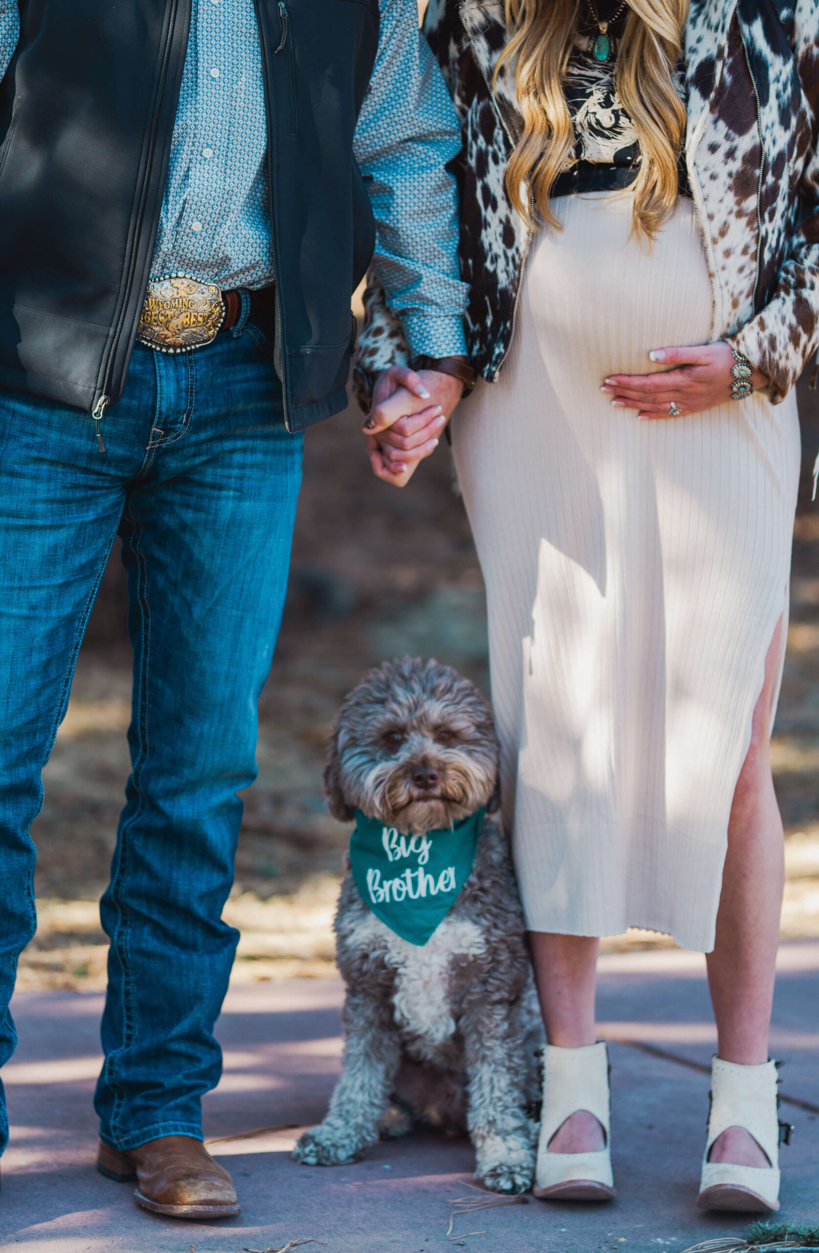 a maternity photoshoot of a man, pregnant woman, and dog wearing a big brother bandana